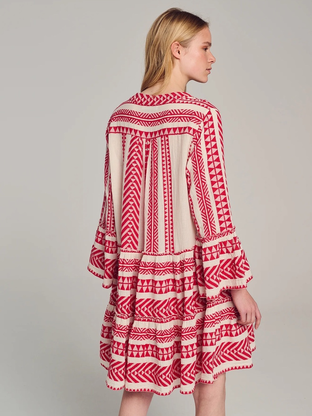 Boho Red and White Mini Dress with Embroidered Detail